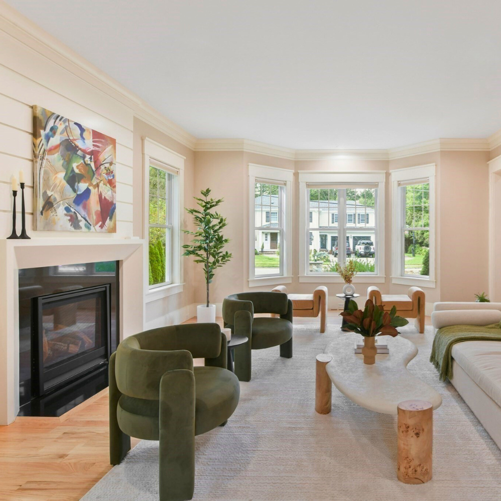 Modern living room with luxury staging in Wellesley, MA.
